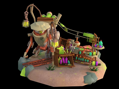 Cartoon Scene With Mechanical Robot Hanging Lantern Wooden Shelves Colorful Bottles Railway Track And Rocks 3d model
