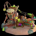 Cartoon Scene With Mechanical Robot Hanging Lantern Wooden Shelves Colorful Bottles Railway Track And Rocks