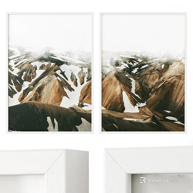 Minimalist White Framed Mountain Landscape Prints For Home Wall Art Decor 3d model 