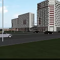 Modern Office Buildings In Urban Setting With Street Scene And Vehicles