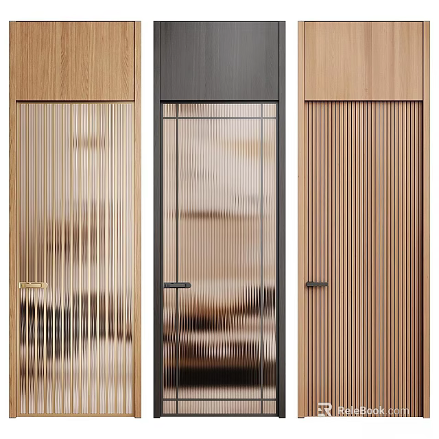 Modern Elegant Swing Door Designs With Wooden Texture Glass Panels And Vertical Stripes Details 3d model 