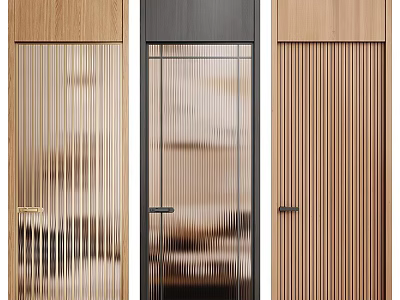 Modern Elegant Swing Door Designs With Wooden Texture Glass Panels And Vertical Stripes Details 3d model