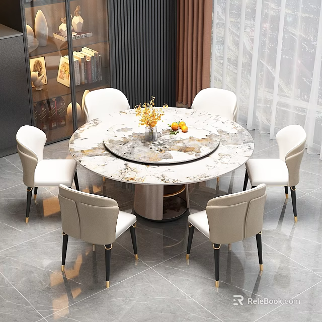Elegant Modern Dining Table Set with Round Marble Tabletop Beige Chairs and Decorative Vase Flowers 3d model 