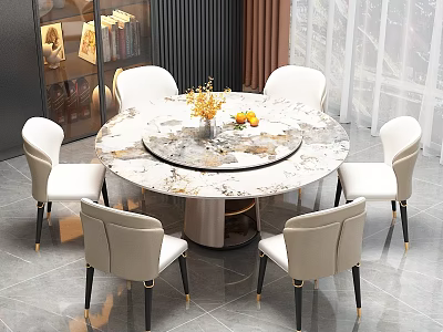 Elegant Modern Dining Table Set with Round Marble Tabletop Beige Chairs and Decorative Vase Flowers 3d model