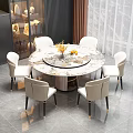 Elegant Modern Dining Table Set with Round Marble Tabletop Beige Chairs and Decorative Vase Flowers