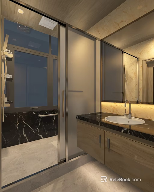 Modern Luxury Bathroom Interior Design With Marble Countertop Wooden Vanity And Glass Shower Partition 3d model 