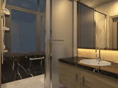 Modern Luxury Bathroom Interior Design With Marble Countertop Wooden Vanity And Glass Shower Partition 3d model