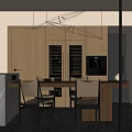 Modern Restaurant Interior With Wooden Cabinets Wine Storage Hanging Lights Dining Table And Chairs