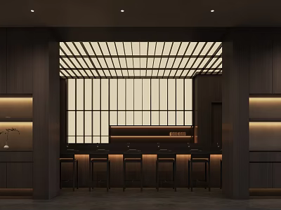 Traditional Japanese Restaurant Interior With Wooden Bar Counter And Grid Window 3d model