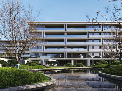 Modern Residential Building With Glass Facade And Landscaped Garden Water Feature 3d model