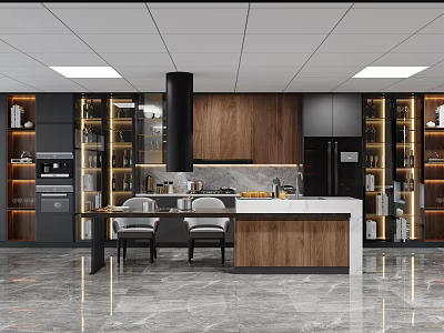 Modern Kitchen Interior With Wooden Cabinets Black Appliances And Central Island 3d model