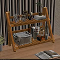 Wooden Two Tier Storage Shelf with Wicker Basket Towels Books and Decorative Items