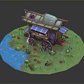 Wooden Mobile House With Tiled Roof Wheels Grass River And Mushrooms
