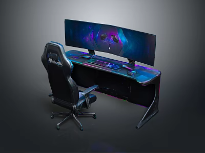 Ergonomic Gaming Desk With Curved Monitor Keyboard RGB Lighting And Chair 3d model