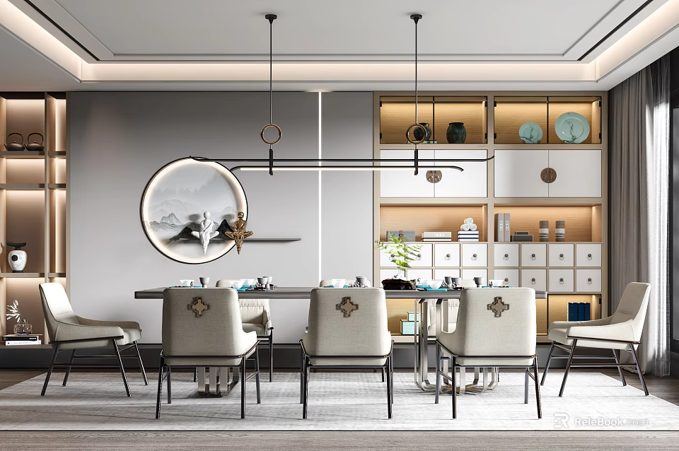 Modern Restaurant Dining Space With Circular Landscape Painting Hanging Pendant Lights And Decorative Chairs 3d model 