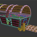 Open Wooden Treasure Chest Filled With Gold Coins And Gold Bars Stacks