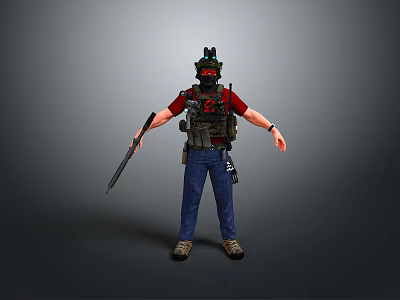 Game Character Wearing Red Shirt Blue Jeans Tactical Helmet With Green Accents Vest And Holding Rifle 3d model