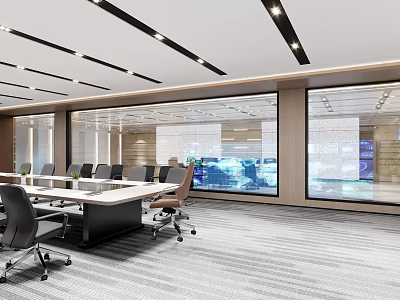 Modern Conference Room Interior With Large Table Ergonomic Chairs And Glass Wall Lighting 3d model