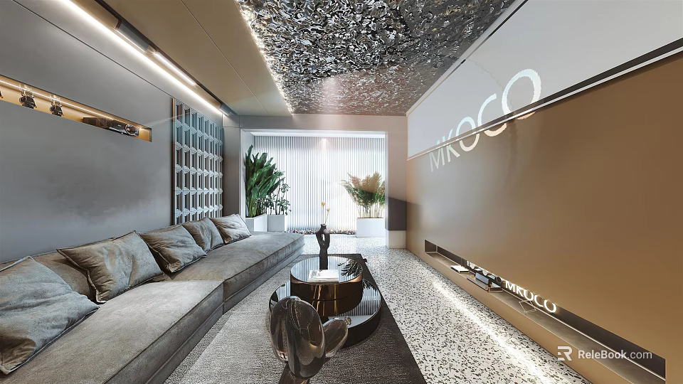 Modern Living Dining Room Interior With Gray Sofa Coffee Table And TV Wall 3d model