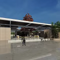 Modern Interior Courtyard With Red Leaf Tree Wooden Partitions Stone Tile Flooring And Skylight