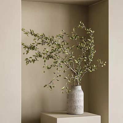 Minimalist Vase With Natural Green Leaf Branches In Beige Wall Corner 3d model