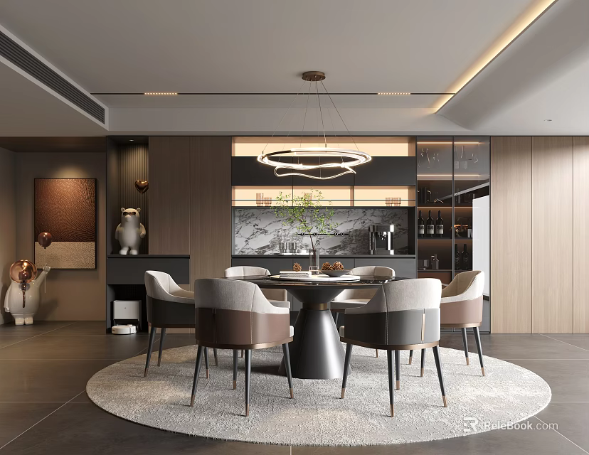 Modern Restaurant Interior With Round Dining Table Chandelier And Decorative Elements 3d model