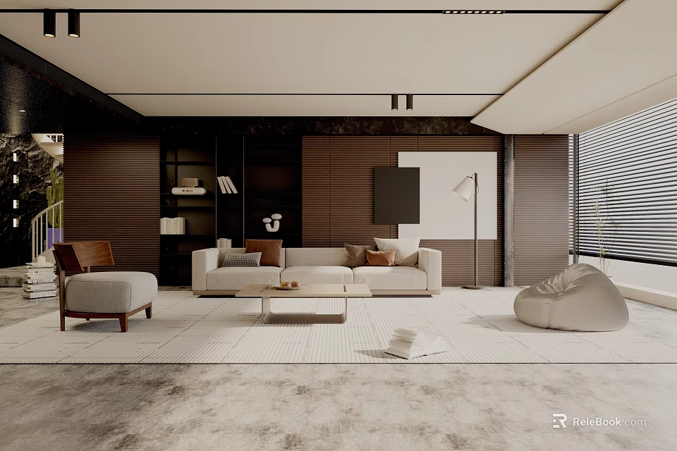 Modern Living Room Interior With Beige Sofa Armchair Coffee Table Floor Lamp And Wooden Walls 3d model 