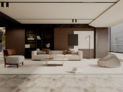 Modern Living Room Interior With Beige Sofa Armchair Coffee Table Floor Lamp And Wooden Walls 3d model