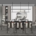 Modern Chinese Restaurant Interior With Circular Landscape Painting Dining Table And Chairs