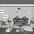 Kids Room Interior Design With Space Theme Stars Clouds Stickers Bed Desk And Toys