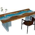 Modern Tea Table and Chair with Wooden Top Blue Resin Design and Brown Seat