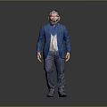 Elderly Man With White Hair Wearing Glasses Blue Jacket Striped Shirt Jeans Gray Shoes