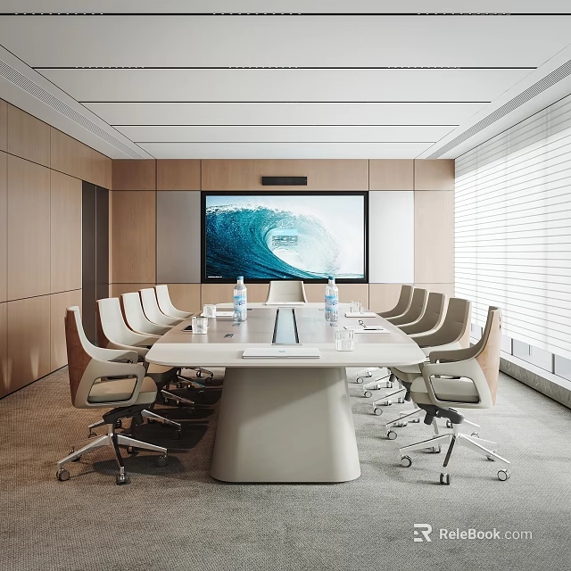 Modern Meeting Room Interior With Long Table Wooden Walls And Large Screen 3d model 