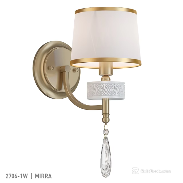 Elegant Gold Wall Sconce With Curved Arm White Lampshade And Crystal Pendant 3d model 