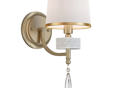 Elegant Gold Wall Sconce With Curved Arm White Lampshade And Crystal Pendant 3d model