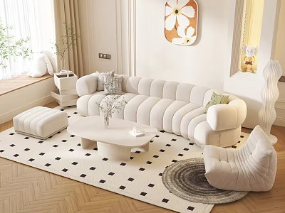 White Curved Casual Sofa Set With Coffee Table Ottoman Accent Chair And Area Rug 3d model