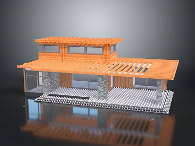 Modern Architectural Model With Orange Roof Wooden Structure Stone Walls Glass Windows And Platform 3d model