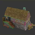 Traditional Rustic Cottage With Wooden Roof Stone Wall Base Wooden Stairs Chimney And Barrel
