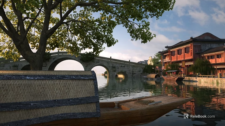 Ancient Architecture With Stone Bridge Old Tree Wooden Boat And Red Buildings By Calm Water 3d model 