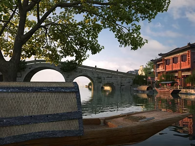 Ancient Architecture With Stone Bridge Old Tree Wooden Boat And Red Buildings By Calm Water 3d model