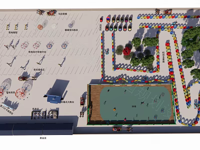 Outdoor Recreational Area With Playground Basketball Court Parking And Green Trees 3d model