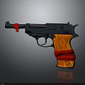 Vintage Pistol With Orange Grip Red Straps And Metal Body On Dark Background