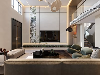 Modern Loft Living Room With High Ceiling And Elegant Decor 3d model