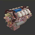 High Performance Car Engine With Blue Component Black Pipes And Silver Metal Parts