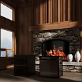 Rustic Interior Side Cabinets By Stone Fireplace With Burning Fire White Vases And Mountain View