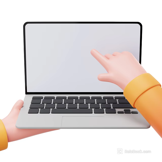 Cartoon Hand In Orange Sleeve Pointing At Gray Laptop Screen With Black Keyboard 3d model 