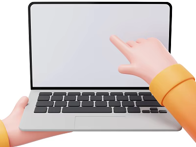 Cartoon Hand In Orange Sleeve Pointing At Gray Laptop Screen With Black Keyboard 3d model