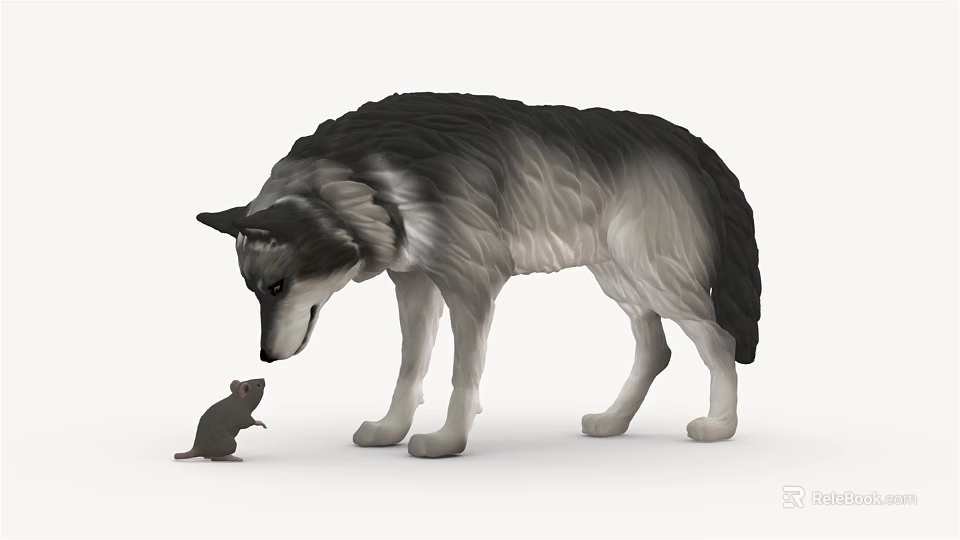 Realistic Gray Reptile Figure Interacting With Small Mouse Model 3d model