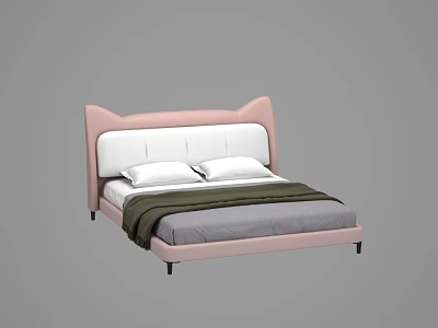 Cute Pink Cat Ear Headboard Double Bed With White Pillows And Dark Blanket 3d model