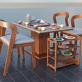 Wooden Dining Table With Four Chairs Upholstered Seats Outdoor Ocean View Patio Tableware Food Cart